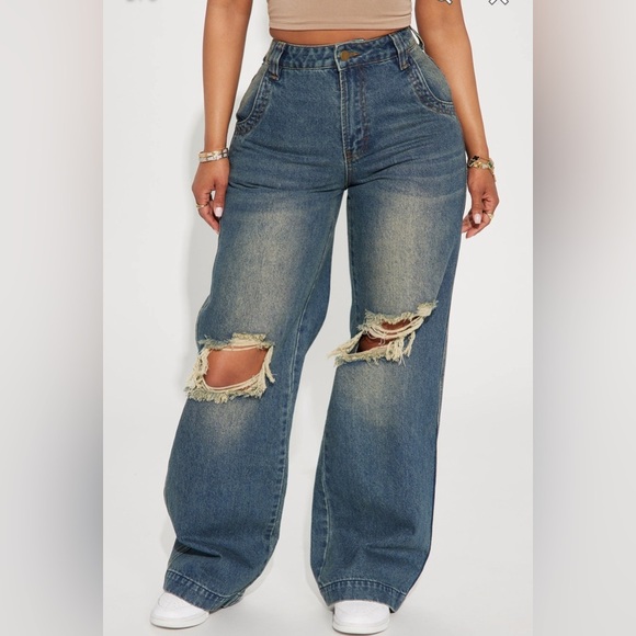 Fashion Nova Drew Drop Waist Baggy Jeans - Dark Wash Size 7 - Picture 3 of 5